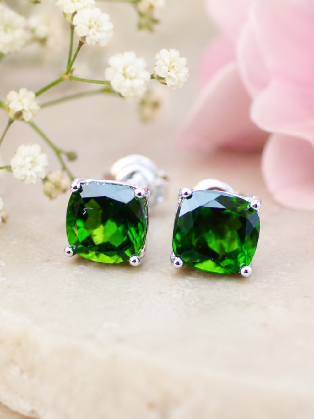 Handmade 5mm Natural Chrome Diopside Stud Earrings Sterling Silver 925